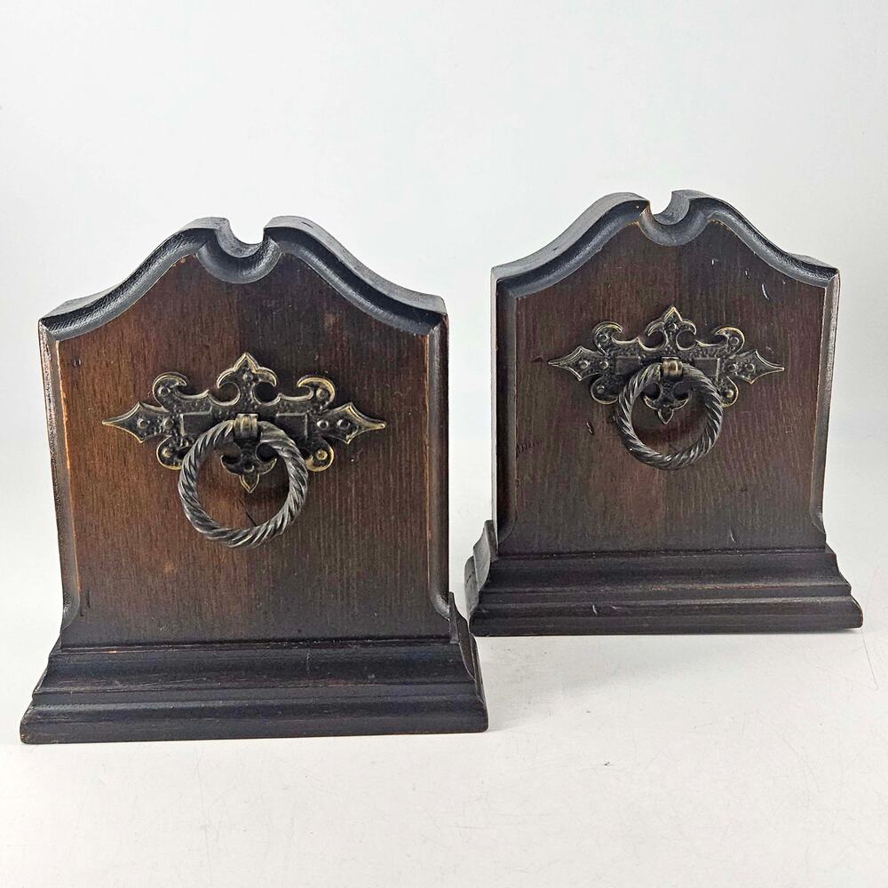 Pair of Vintage wood wooden ring handle detail Bookends